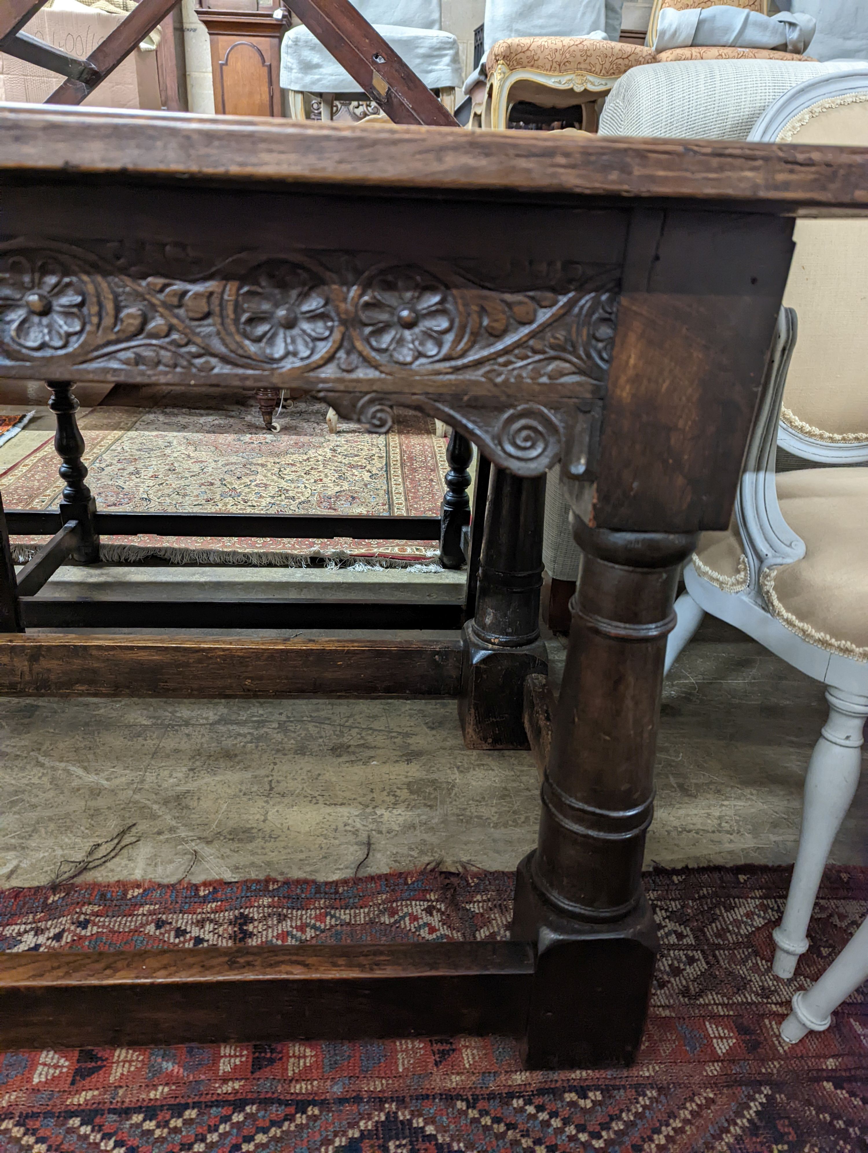 A 17th century rectangular oak refectory dining table, length 167cm, depth 74cm, height 76cm